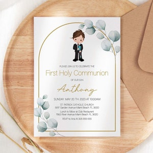 May include: A white invitation with a gold border and a watercolor illustration of eucalyptus leaves. The text reads "Please join us to celebrate the First Holy Communion of our son Anthony. Sunday, May 20th, 2023 at 10:00 AM. St. Patrick Catholic Church, 5817 Garden Avenue, Miami Beach, FL 36120. Lunch to follow at Club Restaurant, 7863 River Avenue, Miami Beach, FL 36120. RSVP to Ana at 305-555-555."