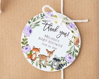 May include: Round thank you tag with a purple floral wreath, a fox, a deer, and a raccoon. The text reads "Thank you! Melissa's Baby Shower June 20, 2020".