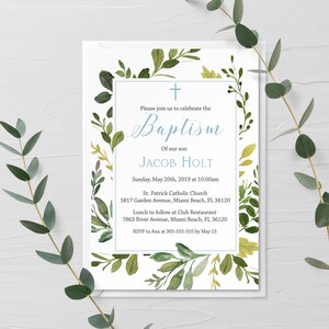 Boy Baptism invitation, Greenery Baptism invite, Printable invitation, Christening invite, Editable template, 5x7