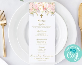 May include: A printable menu card with a floral design and gold accents. The menu includes appetizers, first course, second course, and dessert options. The text at the bottom reads "First Holy Communion, Elizabeth Holmes, April 27, 2000".