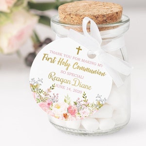 First holy communion favor tags, communion gift tag, first communion favors, gift tags communion, floral blush, First Communion labels