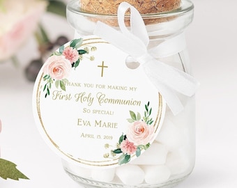 Etiquettes de première communion fille, remerciements communion, étiquettes imprimables, étiquettes de faveur personnalisées, cadre floral or, FC05