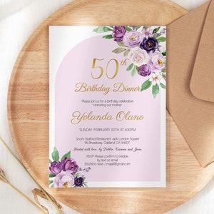 50th Birthday Printable Invitation for Women, 60th Birthday Dinner, Adult Birthday, Editable template, Purple Violets Flowers watercolor