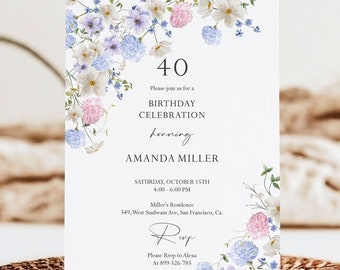 May include: A white invitation card with a floral border featuring pink and blue flowers. The text on the card reads "40 Please join us for a Birthday Celebration honouring Amanda Miller Saturday, October 15th 4:00 - 6:00 PM Miller's Residence 549, West Sunbeam Ave, San Francisco, Ca. R.s.v.p. Please R.s.v.p. to Alexa at 899-526-785"