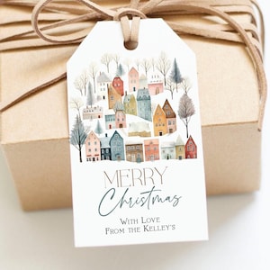Häuser Weihnachten Geschenkanhänger, Urlaub Geschenkanhänger, Weihnachten Gunst Anhänger, Stadt Aquarell, Winterdorf druckbare Anhänger, bearbeitbare Vorlage