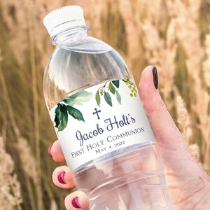 Etiquetas para botellas de agua imprimibles para primera comunión, primera comunión de niño de la marina, etiqueta para botella de agua, plantilla editable, vegetación, hojas, bautismo