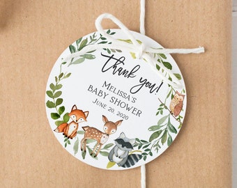 Tagi upominkowe na baby shower w stylu leśnym, baby shower w stylu leśnych zwierząt, Tagi upominkowe do wydrukowania, drukowane etykiety upominkowe, edytowalny szablon