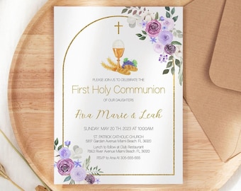 May include: A white invitation with gold trim and purple watercolor flowers. The text reads "Please join us to celebrate the First Holy Communion of our daughters Ava Marie & Leah. Sunday, May 20th 2023 at 10:00 AM. St. Patrick Catholic Church 5817 Garden Avenue Miami Beach FL 36120. Lunch to follow at Club Restaurant 7863 River Avenue Miami Beach FL 36120. RSVP to Ana at 305-555-555"