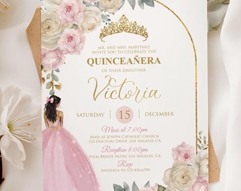 May include: A Quinceañera invitation with a pink and white floral design. The invitation features a gold crown, a gold arch, and a pink dress with gold glitter. The text on the invitation reads "MIL AND MRS. MARTINEZ INVITE YOU TO CELEBRATE THE QUINCEAÑERA OF THEIR DAUGTHER Victoria SATURDAY 15 DECEMBER Mass at 7:00pm MASS AT JOSEPH CATHOLIC CHURCH 123 DOCTORS DRIVE LOS ANGELES CA Reception 8:00pm PALM BREEZE HOTEL LOS ANGELES, CA Rep ANGELICA TO 123-456.6789"