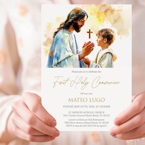 Erste heilige Kommunioneinladungsvorlage - Junge mit Jesus Aquarell, modern 5x7 druckbar für die erste Kommunionfeier, bearbeitbar FC26