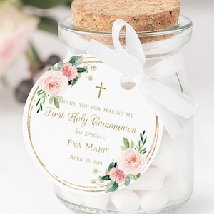 Erstkommunion Favor Tag für Mädchen | Bearbeitbare Blumen Danke Tags | Runder Blush Pink & Goldrahmen | Druckbare Vorlage FC05