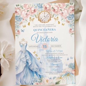 Aschenputtel Quinceaño Einladung Vorlage | Bearbeitbar Sweet 15 Floral Pink & Blau Elegantes Design für 15. Geburtstagsfeier, Cinderella Kleid