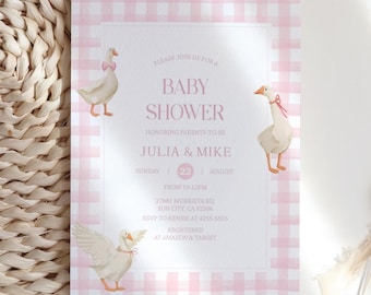 Goose Girl Baby Shower Invitation Template | Editable Pink Gingham Plaid Invite for Classic Baby Shower | Editable Digital Invitation