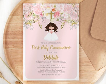 Girl First Holy Communion Invitation Template, Boho First Holy Communion invitation, Printable Invitation, brunette girl, Romantic Floral