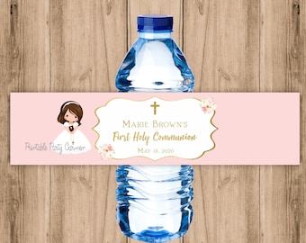 Etiqueta de la botella de agua de la Primera Comunión de la Niña, Etiqueta imprimible personalizada, Acuarela rosa rubor, Etiqueta de la botella de agua de bautismo, FC01