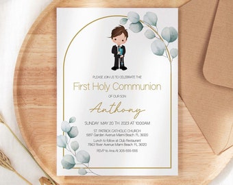 Boy First Communion Invitation Template, 1st Communion, Printable Invitation, Editable, Arch Greenery Eucalyptus Watercolor, Navy, FC14