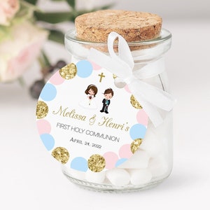 First Holy Communion Favor Tags, Siblings Communion, Communion Favors Twins, Printable Tags, Personalized Favor Tags, Polka Dots , FC09