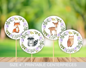 Woodland baby shower centerpieces Girl, Baby Shower Printable Centerpieces, Baby Shower Decoration, Lilac decorarions, Woodland Animals