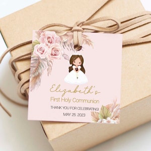 Boho Erstkommunion Anhänger, druckbare Geschenkanhänger, Kommunion Mädchen, Dankeschön Kommunion, quadratischer Anhänger, Pampasgras, bearbeitbare Vorlage, FC15