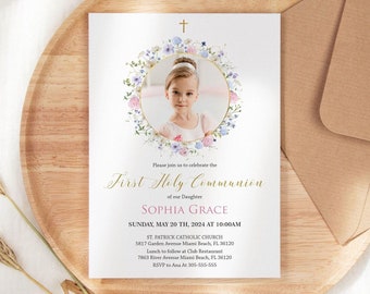 May include: A white invitation with a gold cross at the top and a floral wreath with a photo of a young girl in the centre. The text reads "Please join us to celebrate the First Holy Communion of our Daughter Sophia Grace. Sunday, May 20th, 2024 at 10:00 AM. St. Patrick Catholic Church 5817 Garden Avenue Miami Beach, FL 36120. Lunch to follow at Club Restaurant 7863 River Avenue Miami Beach, FL 36120. RSVP to Ana at 305-555-555"