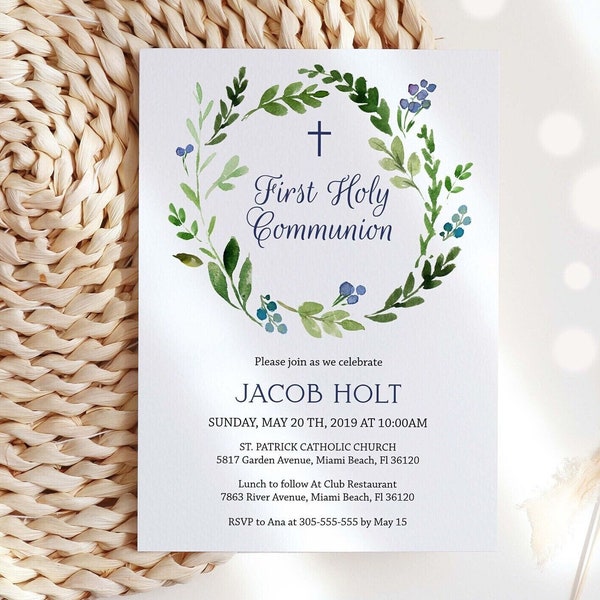 First holy Communion Invitation boy, printable invitation, wreath watercolor, instant download, boy communion, navy blue, Editable, FC10