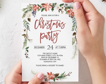 Christmas Party invitation, Editable invite, Holiday party invite, Printable invitation, Floral Christmas watercolor, Eve flowers garland