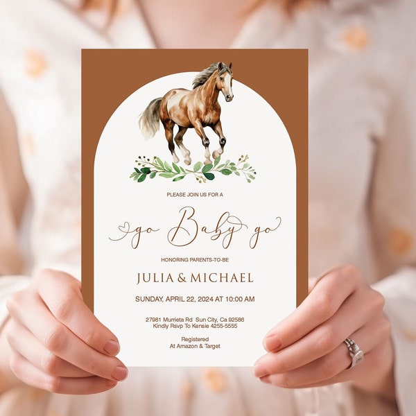 Go Baby Go Horse Baby Shower Invitation Template - Boho Baby Watercolor Invite, Printable Farm Invite Gender Neutral for Boy or Girl