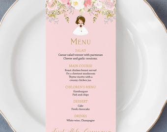 May include: Pink and white printable menu template with floral design and a girl in a white dress. The menu includes a salad, main course, children's menu, dessert, and drinks. The text reads "First Holy Communion Elizabeth Holmes April 27, 2023".