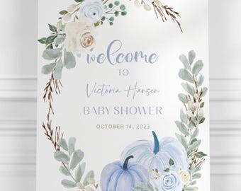 Letrero de bienvenida para baby shower de niño con calabaza, letrero para baby shower de otoño, decoración para baby shower de otoño con calabazas azules, letrero imprimible.