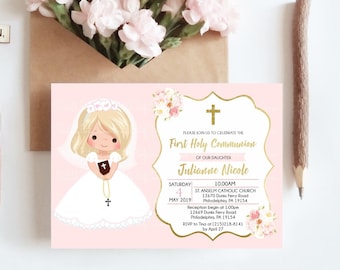 First Communion invitation girl, printable invitation, blonde girl first communion, floral watercolor, pink and gold, FC02