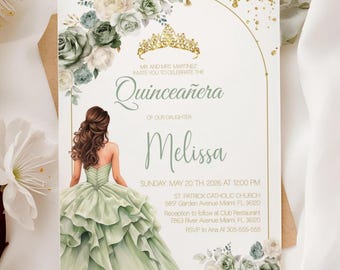 Green Sage & Ivory Quinceañera Invitation, Floral Boho Arch 15th Birthday Party Invite, Mis Quince Años Editable Template, Instant Download