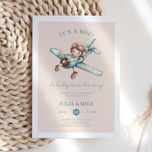 Airplane Boy Baby Shower Invitation, Editable Vintage Travel Baby Shower Invite Template, Printable Invitation, DIGITAL DOWNLOAD
