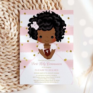 Première carte de communion, faire-part de première communion fille, Invitation imprimable, modèle modifiable, rayures rose aquarelle FC18