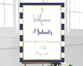 First communion boy welcome sign, 1st communion poster, navy blue, communion decoration, printable sign, navy and gold