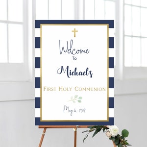 Cartello di benvenuto per la prima comunione, poster per la prima comunione, blu navy, decorazione per la comunione, cartello stampabile, blu navy e oro