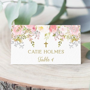 Cartões de lugar Primeira Comunhão Menina, Modelo Editável, Cartões de lugar para impressão, Batismo, Floral Rosa Aquarela, Decoração de Comunhão, FC18