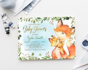 Woodland Fox baby shower invitation, mother and baby, boy baby shower, greenery forest, printable invitation