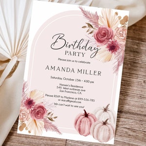 Woman Fall Birthday Invitation, Pink Autumn Floral Party Invite, Boho ...