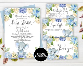 Puede incluir: Juego de invitaciones para baby shower con un diseño de acuarela con hortensias azules y amarillas y una linda ilustración de elefante. El juego incluye una invitación, una tarjeta de "Libros para el bebé", una tarjeta de "Rifa de pañales" y una tarjeta de "¡Gracias!".
