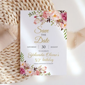 80. Geburtstag Save the Date, 80. Geburtstagsessen, Geburtstag für Erwachsene Save the Date, druckbare Einladung, bearbeitbar, burgundy und rosa Blumen