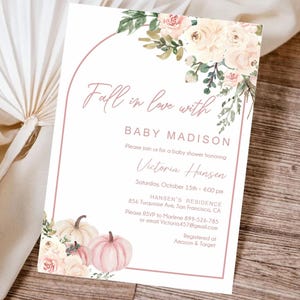 Falling in love baby girl shower invitation, Fall baby shower invitation girl, Autumn baby shower invitation template, Pumpkins, BF100