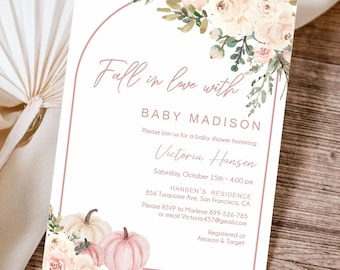 Invito per baby shower "Innamorarsi" per bambina, invito per baby shower autunnale per bambina, modello per invito baby shower autunnale, zucche, BF100