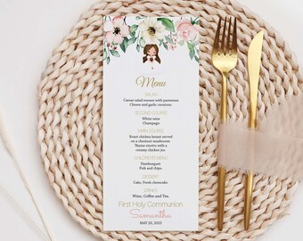 May include: A menu for a First Holy Communion celebration for Samantha on May 20, 2023. The menu includes a Caesar salad, white wine, roast chicken breast, and cake. The menu is decorated with a watercolor illustration of a girl in a white dress with flowers.