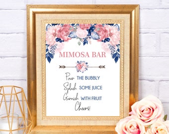 Mimosa bar sign bridal shower, bridal shower decorations, blush pink, navy pink, bridal shower signs, printable sign