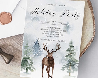 May include: A white invitation card with a watercolor illustration of a deer in a snowy forest. The text on the card reads "Holiday Party" with the date "December 23" and the time "7:00PM".