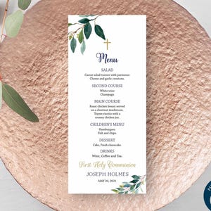 Menu première communion garçon, communion des frères et sœurs, communion des jumeaux, modèle modifiable, menu imprimable, bleu marine et or, eucalyptus, CT05