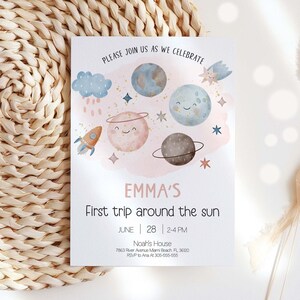 1st Birthday Girl Printable Invitation First Trip around the Sun Outer Space Birthday Invitation Template, Planets Birthday invitation