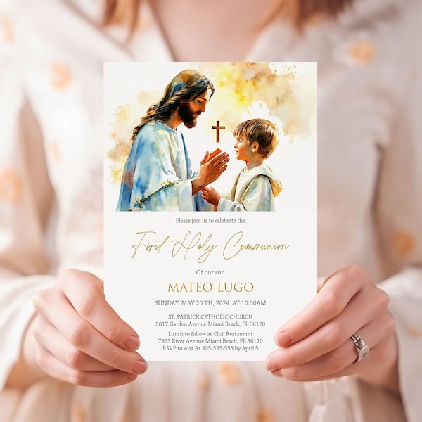 First Holy Communion Invitation Template - Boy with Jesus Watercolor, Modern 5x7 Printable for First Communion Celebration, Editable FC26