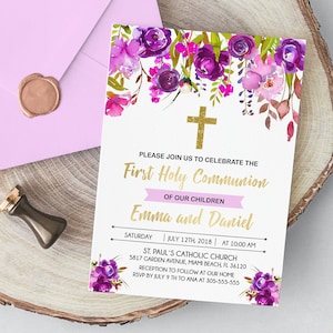 First Holy Communion invitation girl or boy, siblings, twins printable invitation, primera comunion invitacion, floral purple communion girl