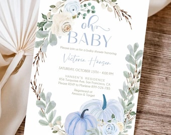 May include: A baby shower invitation with a watercolor design. The invitation features the words "Oh Baby" in light blue script, along with the name "Victoria Hansen". The design includes blue pumpkins, white and blue flowers, and a leafy wreath.